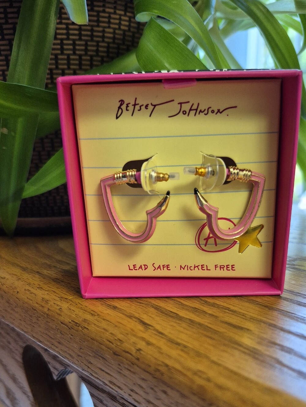 Betsey Johnson Pink Pencil Heart Huggie Hoop Earrings with Gold Accents. NEW!